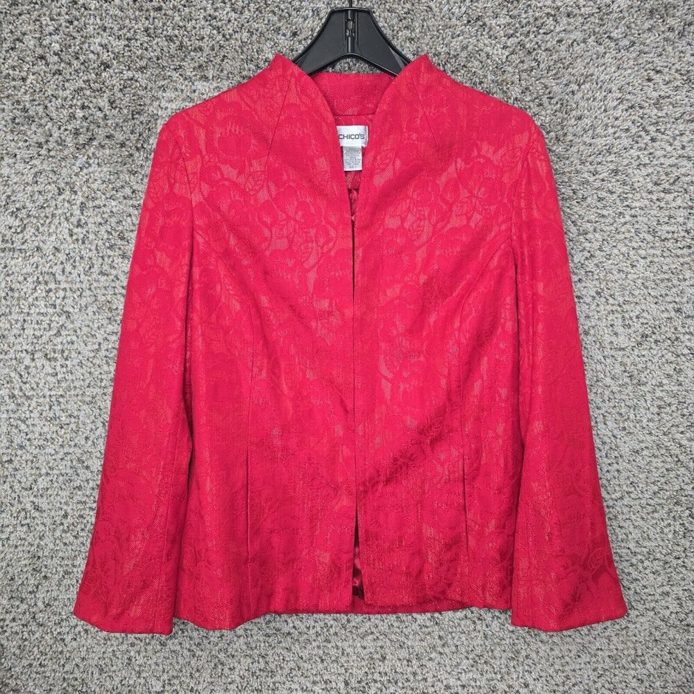 Chicos Jacket Womens 1 US Medium Red Blazer Jacquard Hook Eye Career Ladies
